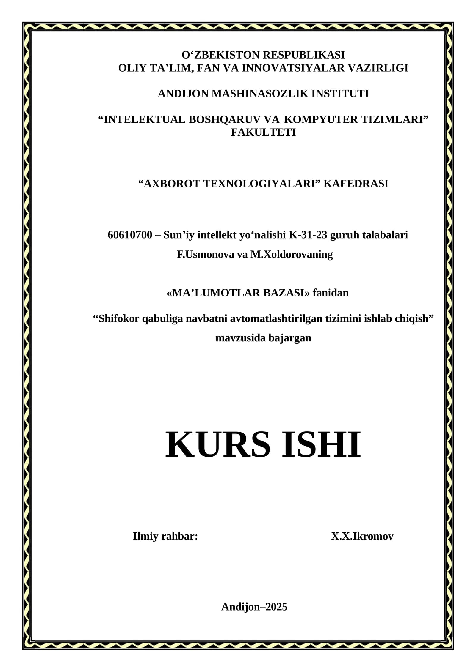 Shifokor qabuliga navbatni avtomatlashtirilgan tizimini ishlab chiqish