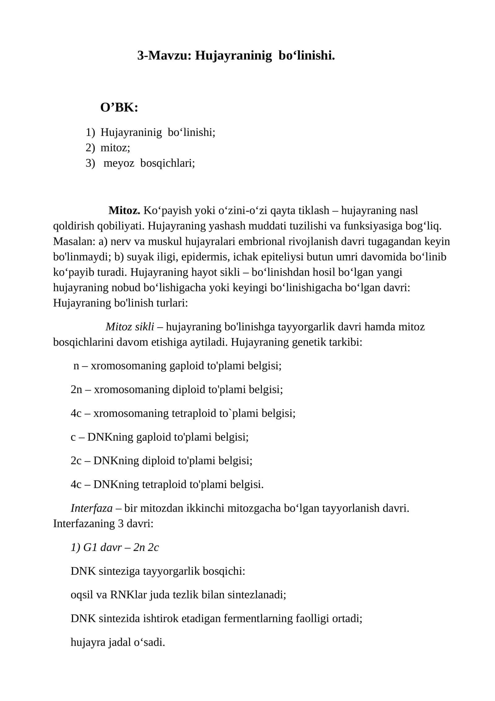 Mitoz. Ko‘payish yoki o‘zini-o‘zi qayta tiklash