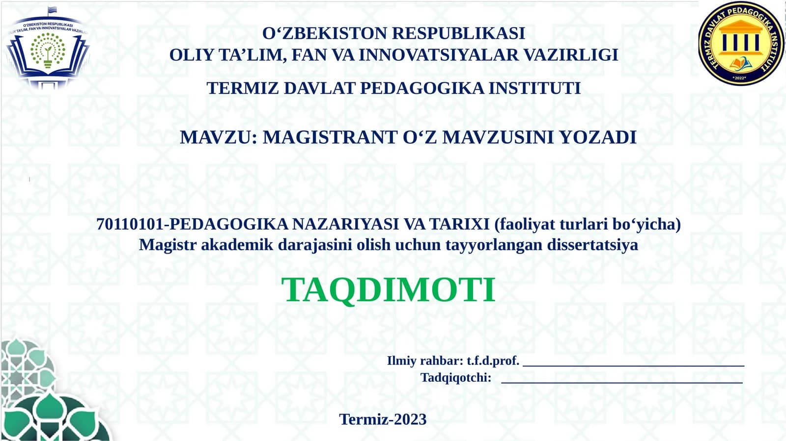 MAGISTRANT O‘Z MAVZUSINI YOZADI