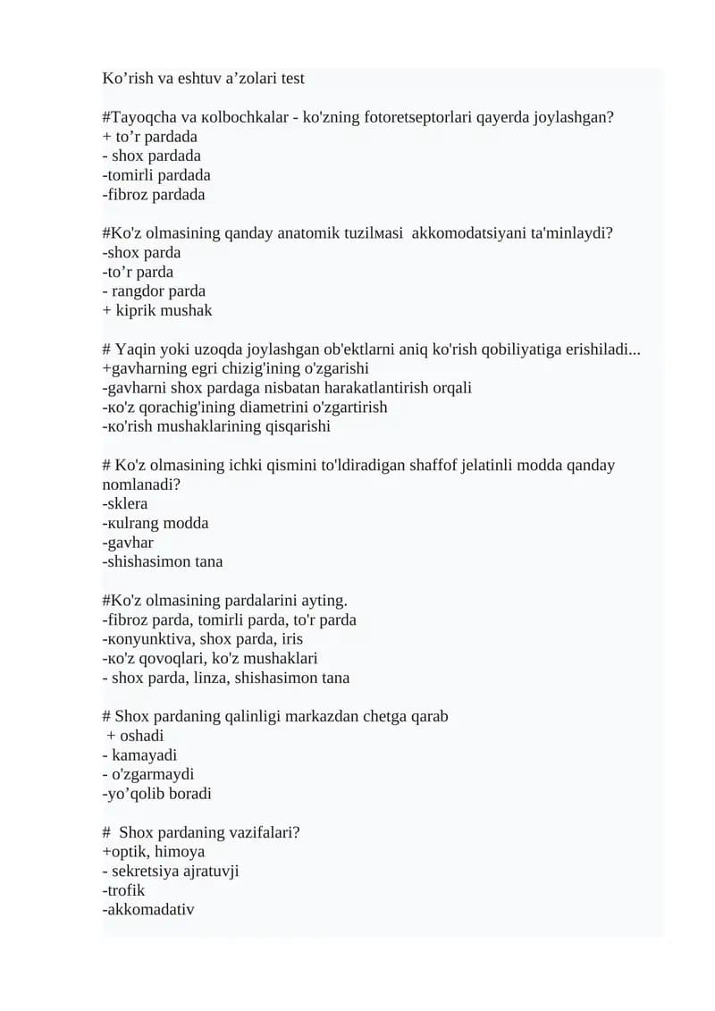 Ko’rish va eshtuv a’zolari test