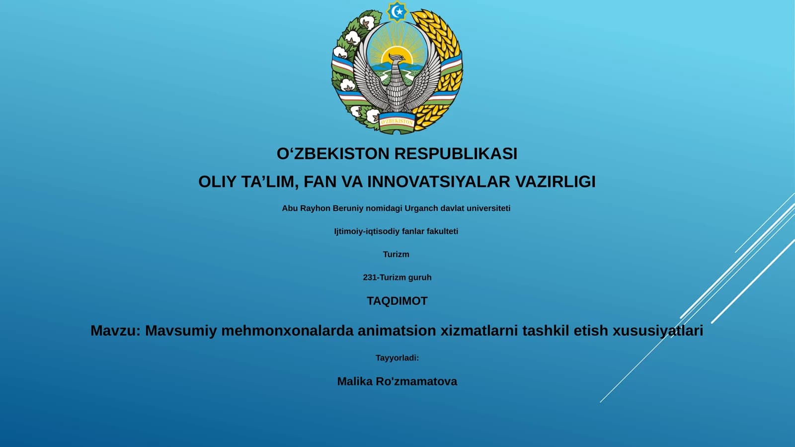 Mavsumiy mehmonxonalarda animatsion xizmatlarni tashkil etish xususiyatlari