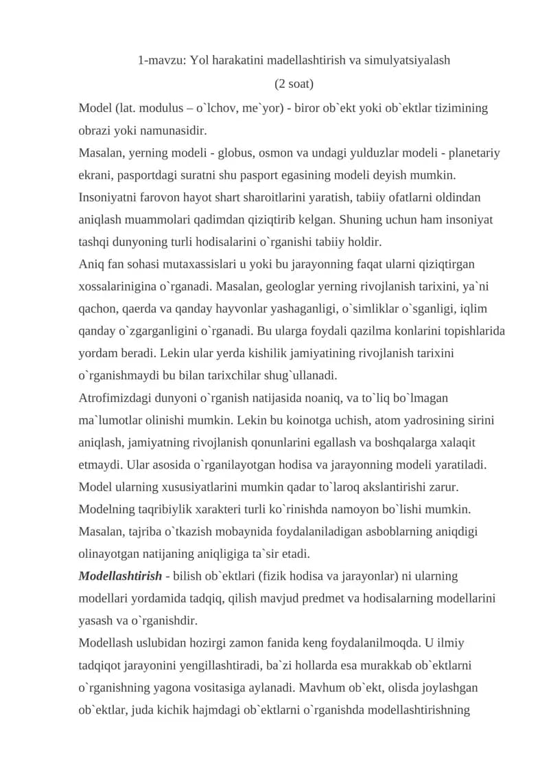 Yol harakatini madellashtirish va simulyatsiyalash
