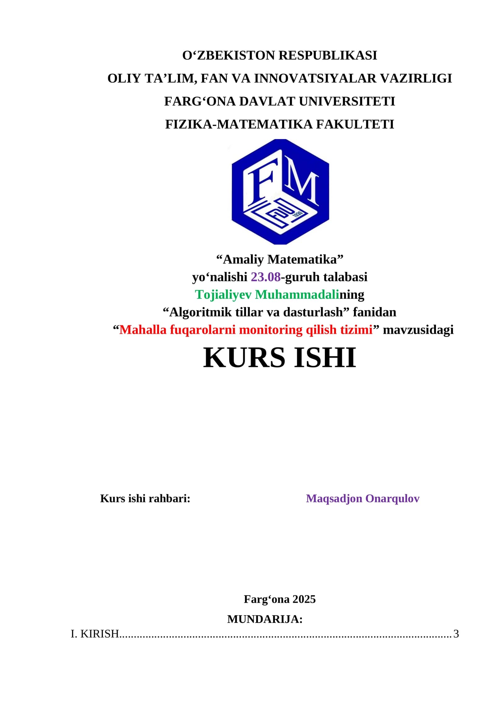 “Mahalla fuqarolarni monitoring qilish tizimi” mavzusidagi kurs ishi