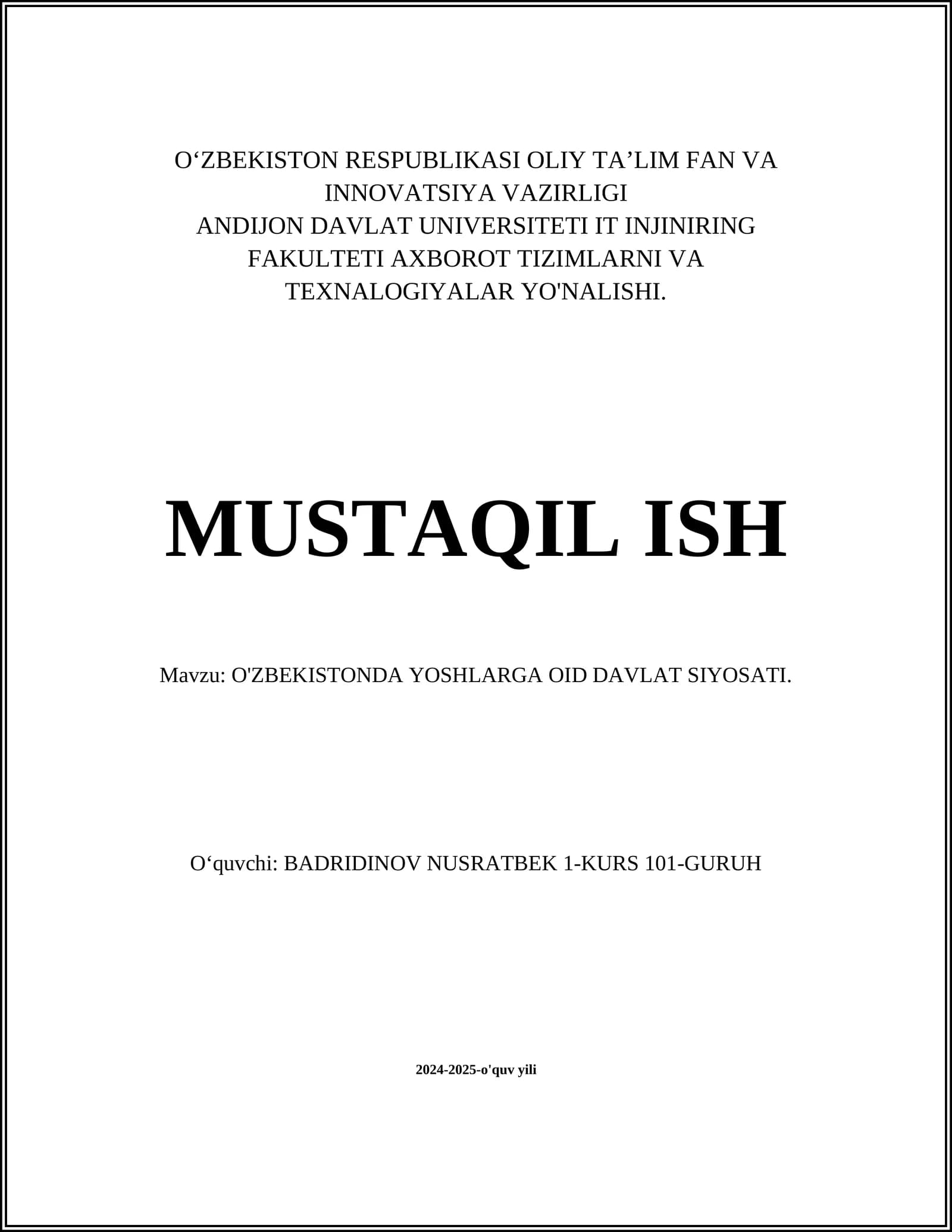 O'ZBEKISTONDA YOSHLARGA OID DAVLAT SIYOSATI