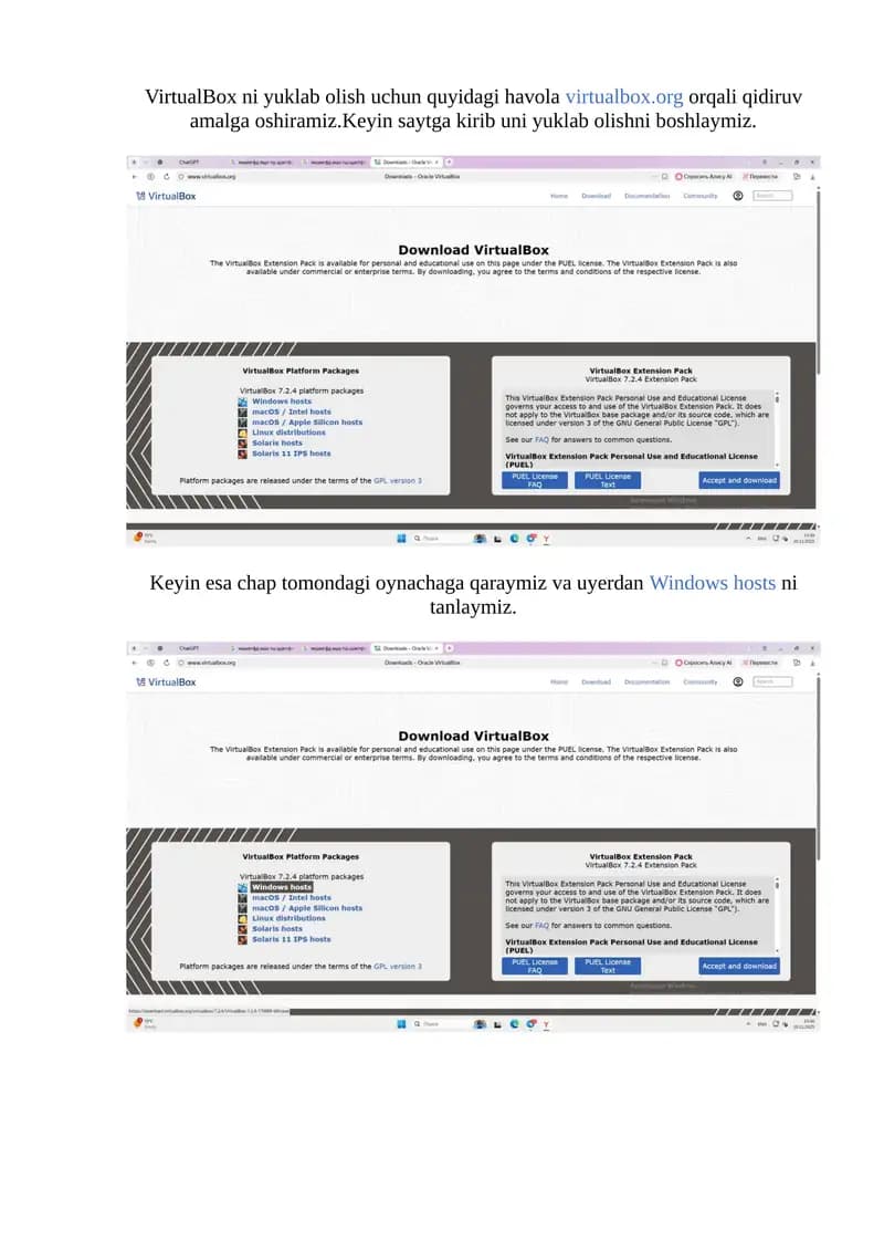 VirtualBox yuklash qoidalari