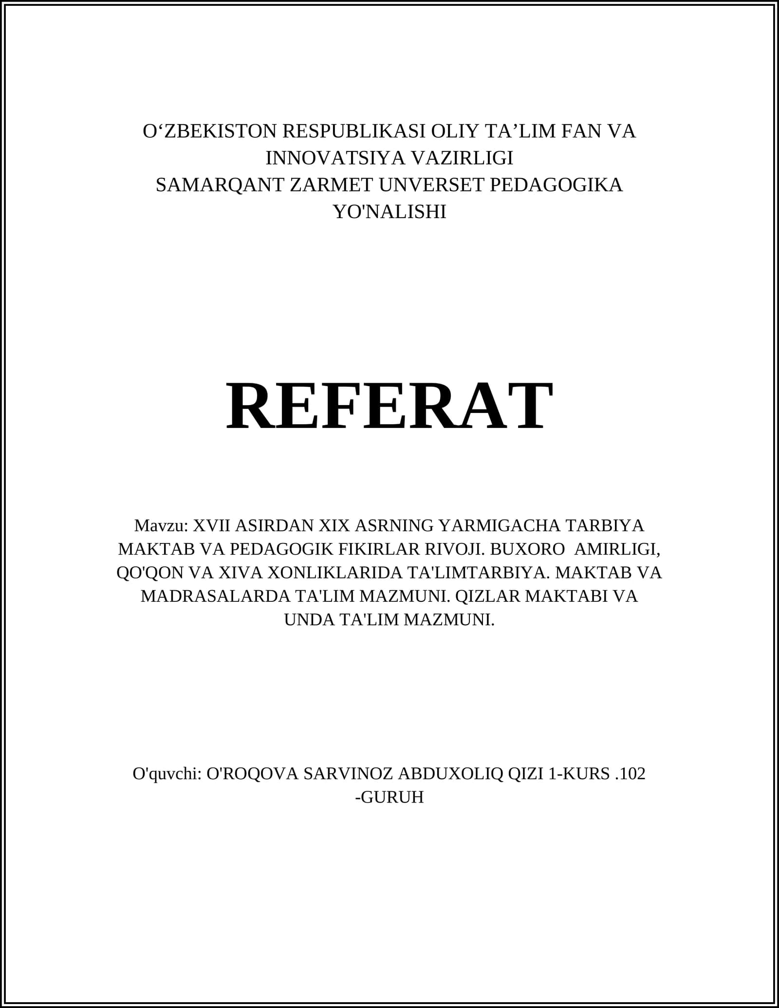 XVII ASIRDAN XIX ASRNING YARMIGACHA TARBIYA MAKTAB VA PEDAGOGIK FIKIRLAR RIVOJI