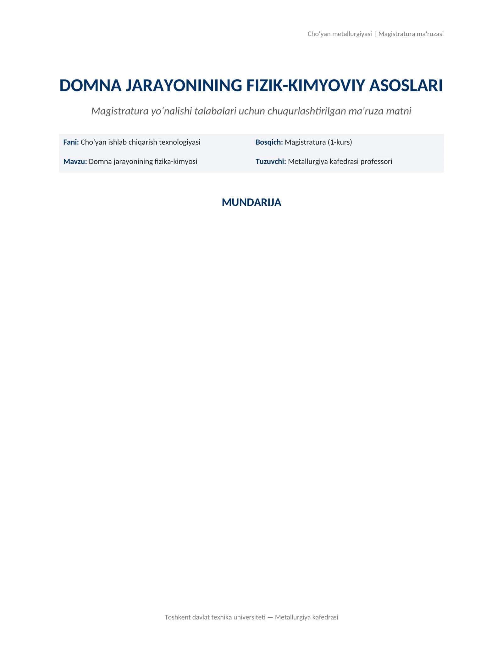 Domna jarayonining fizik-kimyovi asoslari