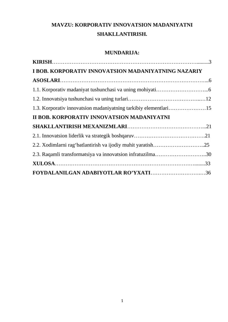 KORPORATIV INNOVATSION MADANIYATNI SHAKLLANTIRISH
