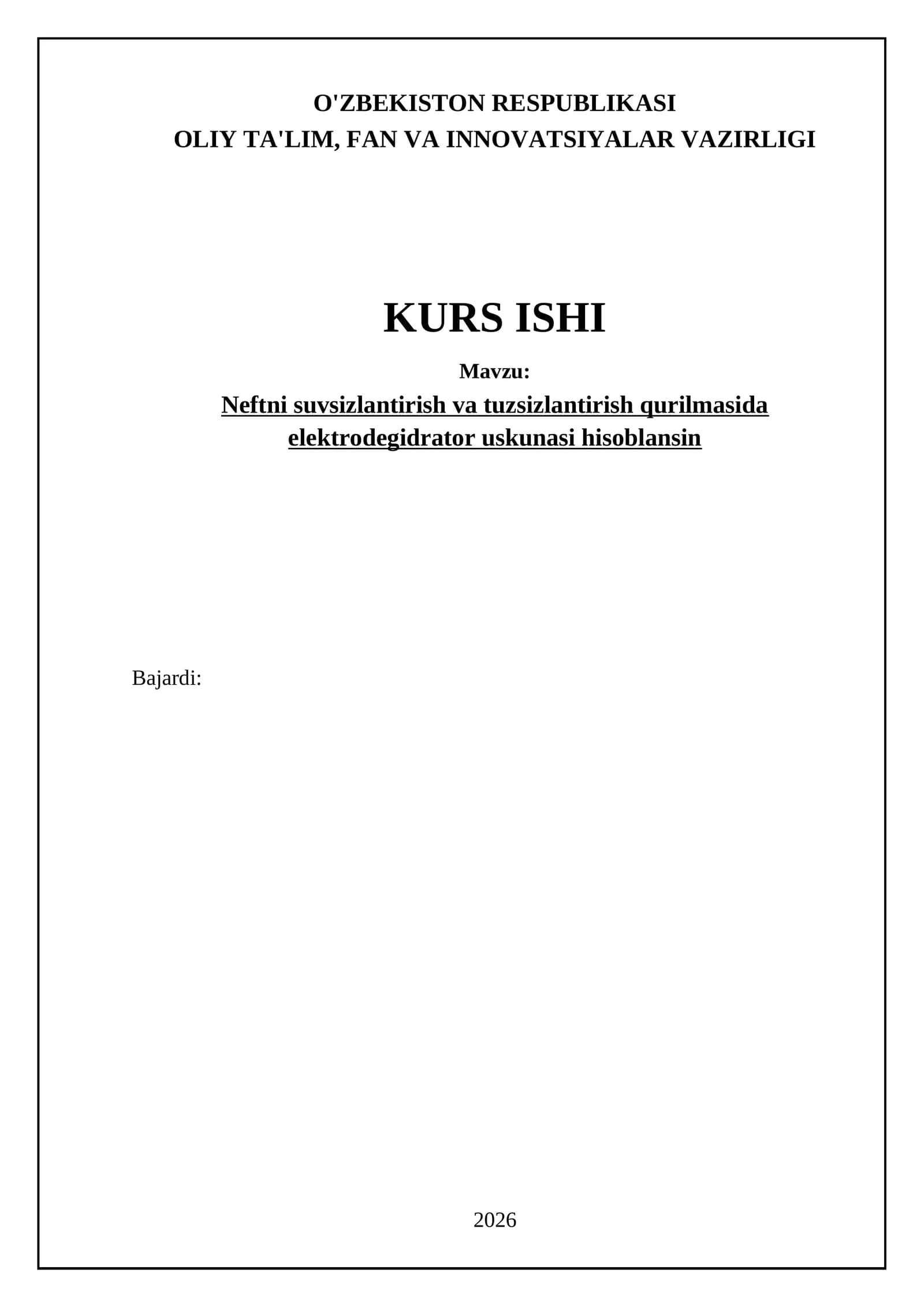 Elektrodegidrator uskunasi hisob-kitobi