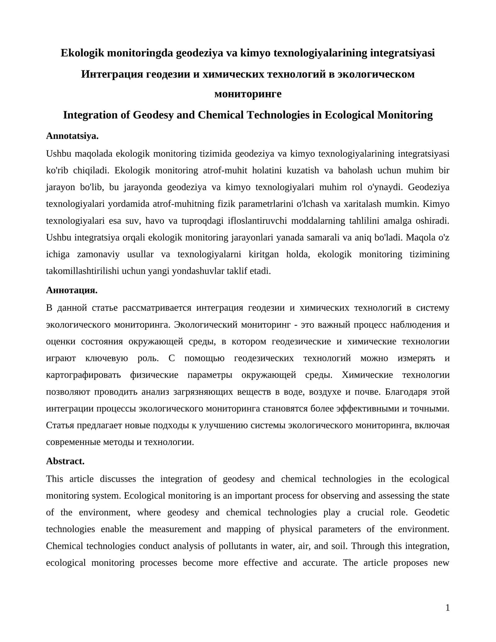 Ekologik monitoringda geodeziya va kimyo texnologiyalarining integratsiyasi