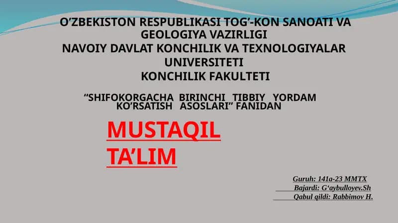 OCHIQ SINISHDA SHIFOKORGACHA BIRINCHI TIBBIY YORDAM KO’RSATISH ASOSLARI