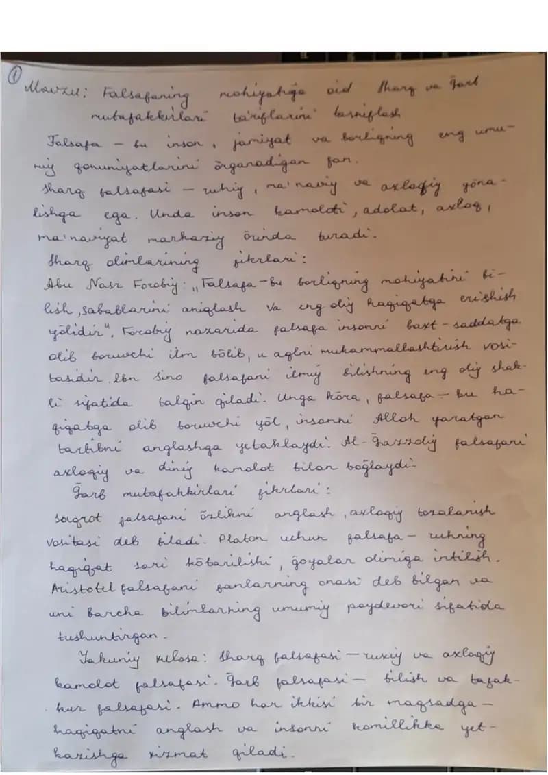 Falsafa fanidan 1-dan 6-mavzugacha mustaqil ishlar.