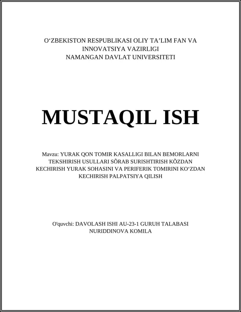YURAK QON TOMIR KASALLIGI BILAN BEMORLARNI TEKSHIRISH USULLARI
