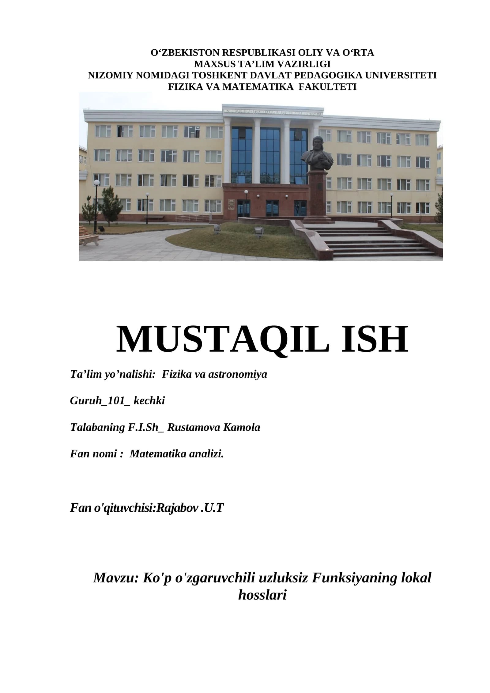 Ko'p o'zgaruvchili uzluksiz Funksiyaning lokal hosslari