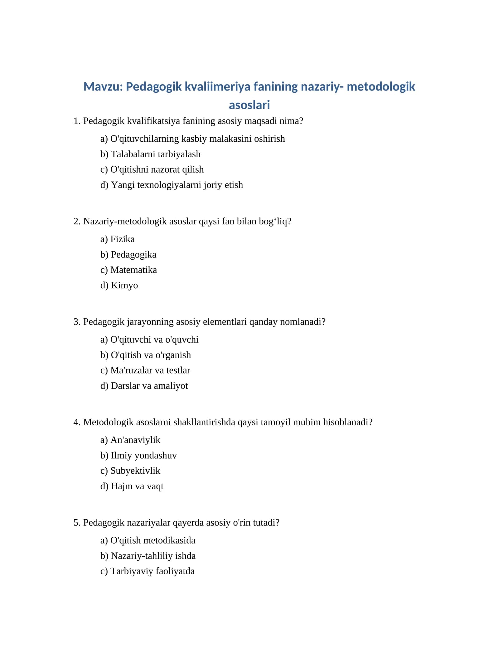 Pedagogik kvaliimeriya fanining nazariy- metodologik asoslari
