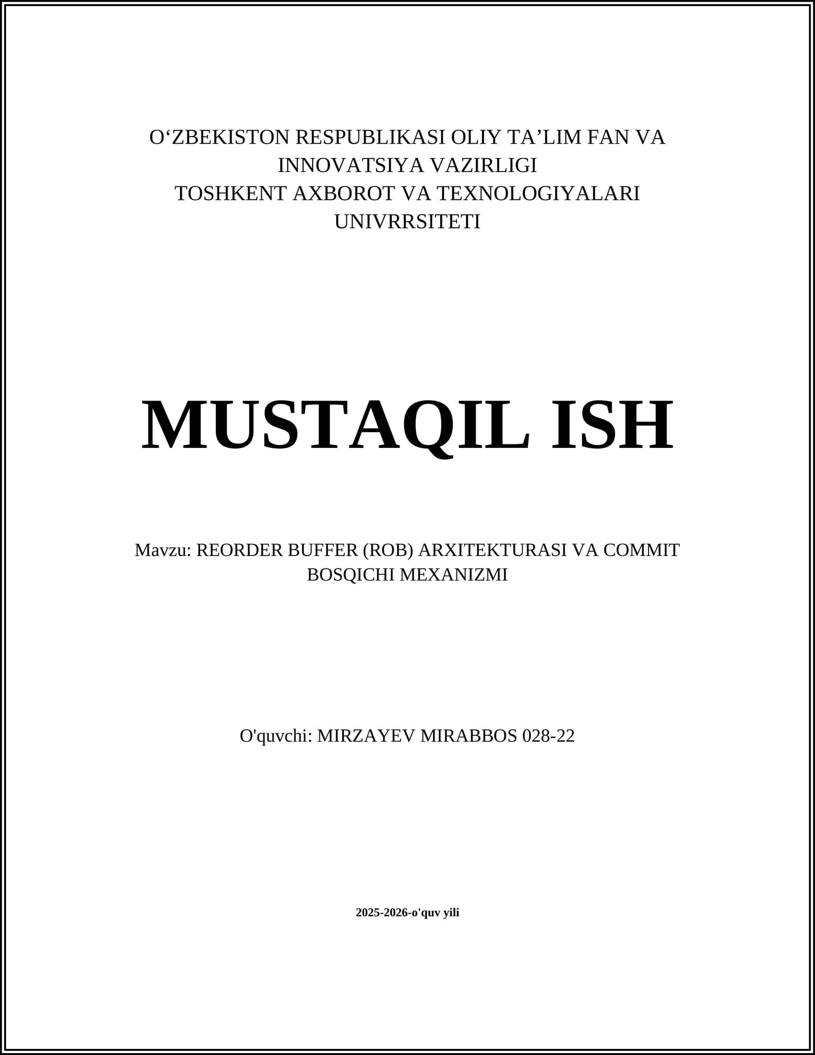 REORDER BUFFER (ROB) ARXITEKTURASI VA COMMIT BOSQICHI MEXANIZMI