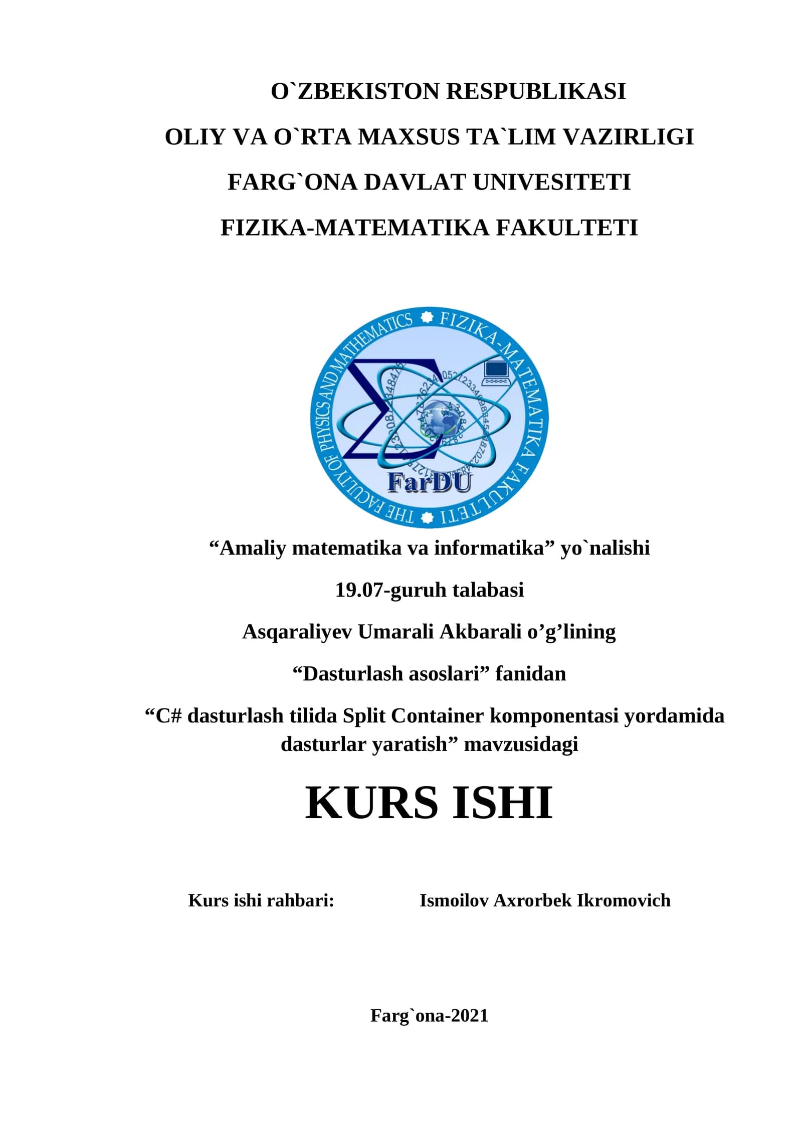 C# dasturlash tilida Split Container komponentasi yordamida dasturlar yaratish