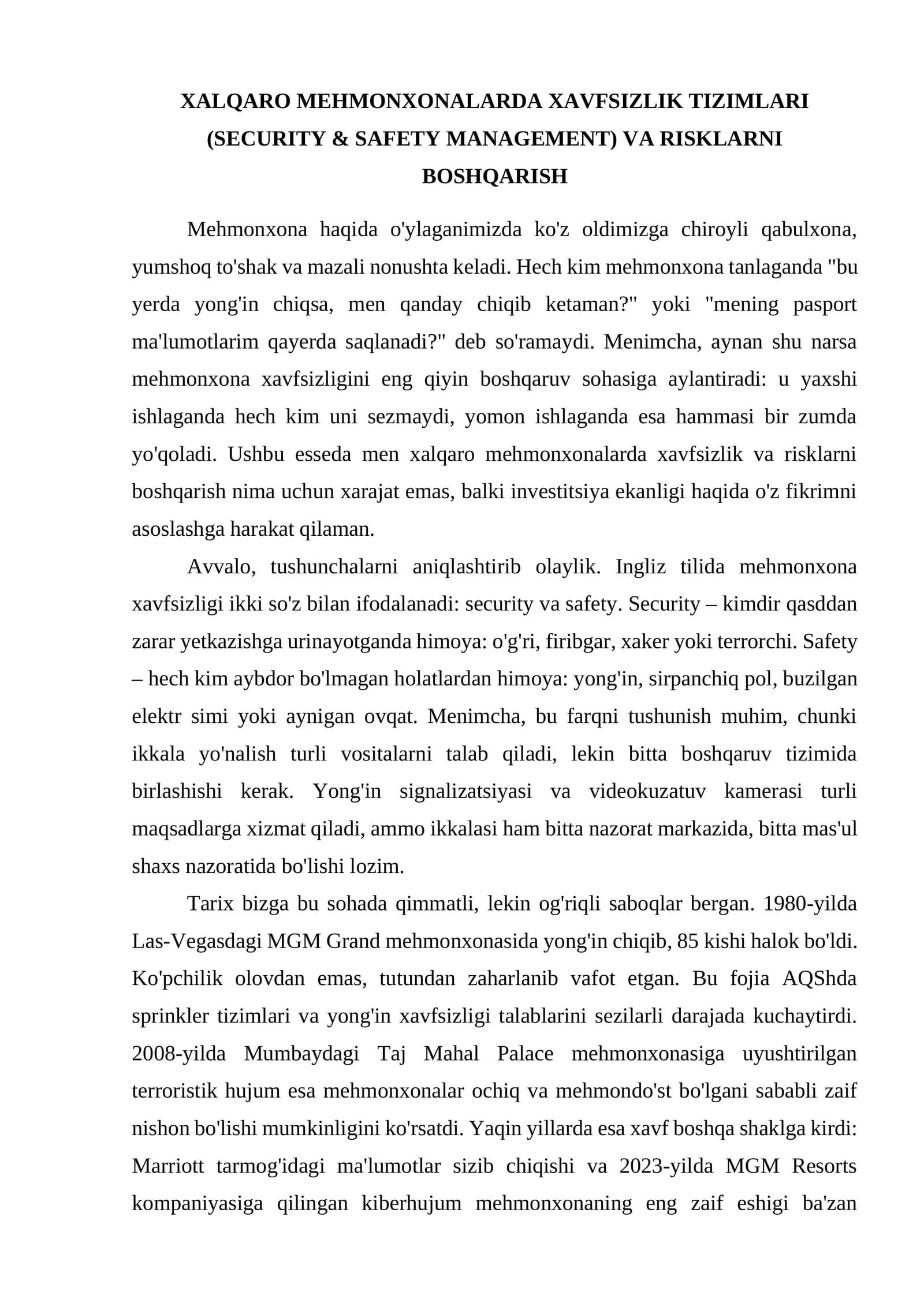 XALQARO MEHMONXONALARDA XAVFSIZLIK TIZIMLARI (SECURITY & SAFETY MANAGEMENT) VA RISKLARNI BOSHQARISH