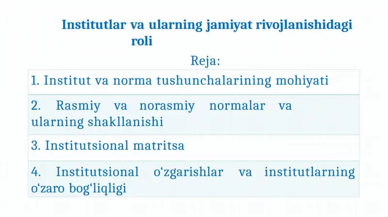 Institutlar va ularning jamiyat rivojlanishidagi roli