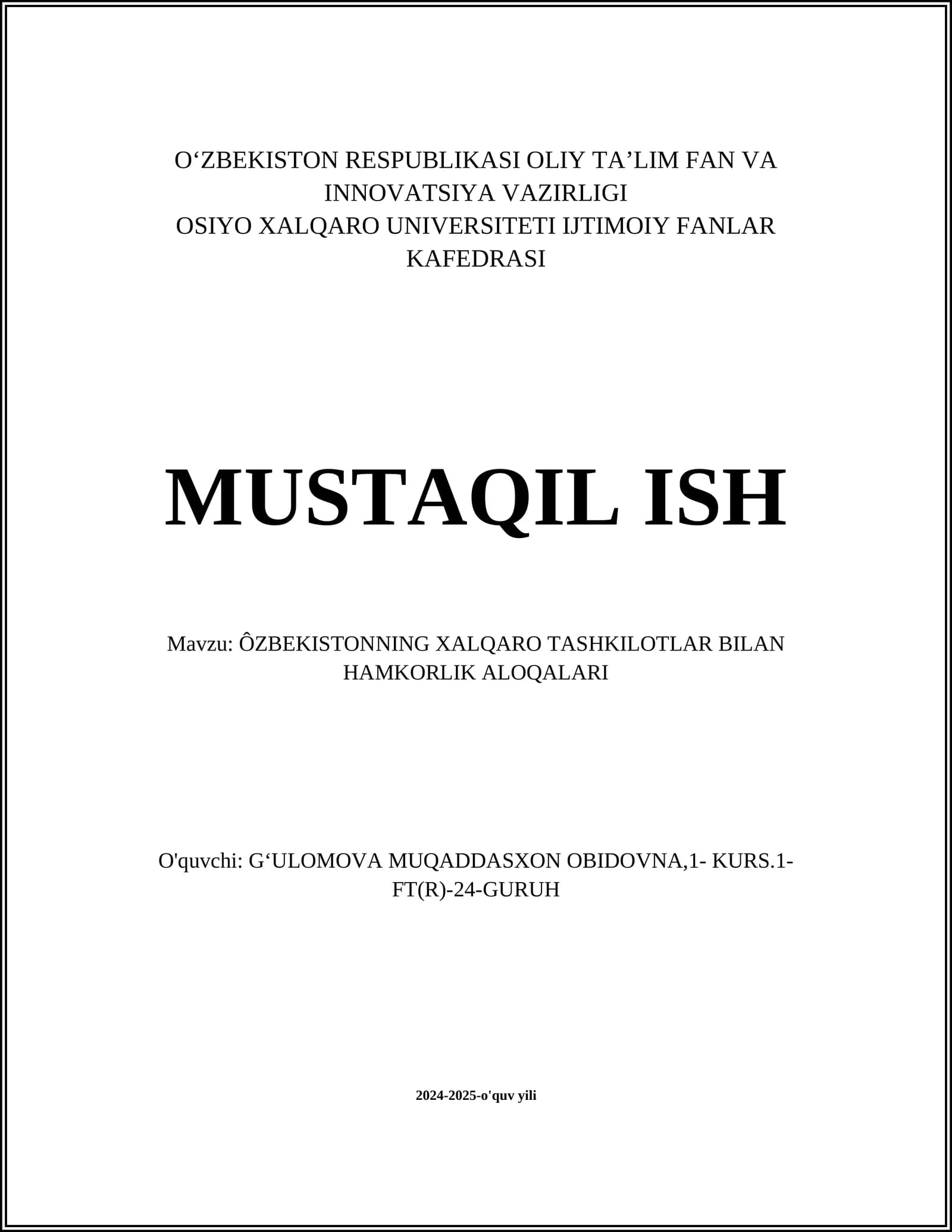 ÔZBEKISTONNING XALQARO TASHKILOTLAR BILAN HAMKORLIK ALOQALARI