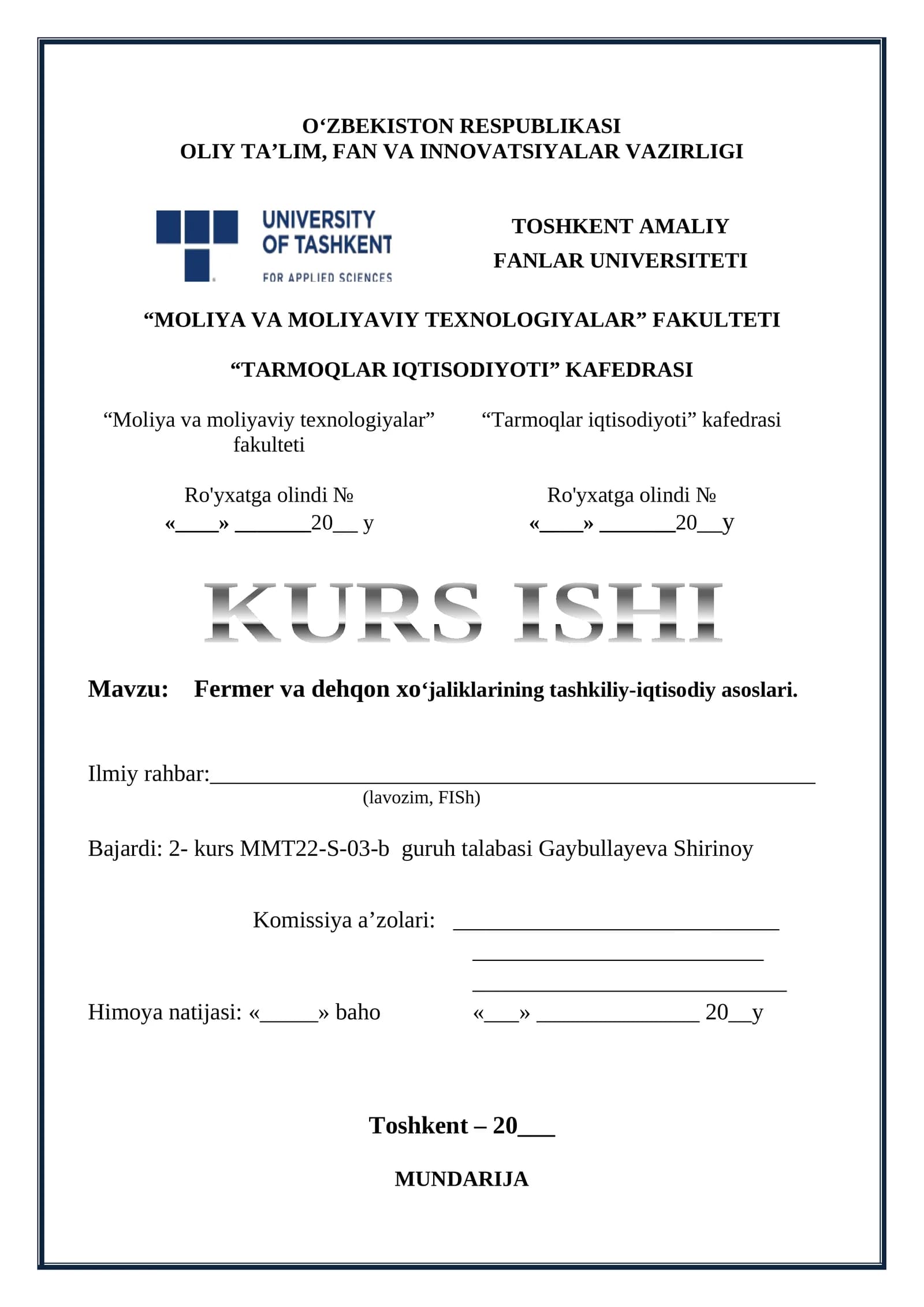 KURS ISHI Mavzu: Fermer va dehqon xoʻjaliklarining tashkiliy-iqtisodiy asoslari