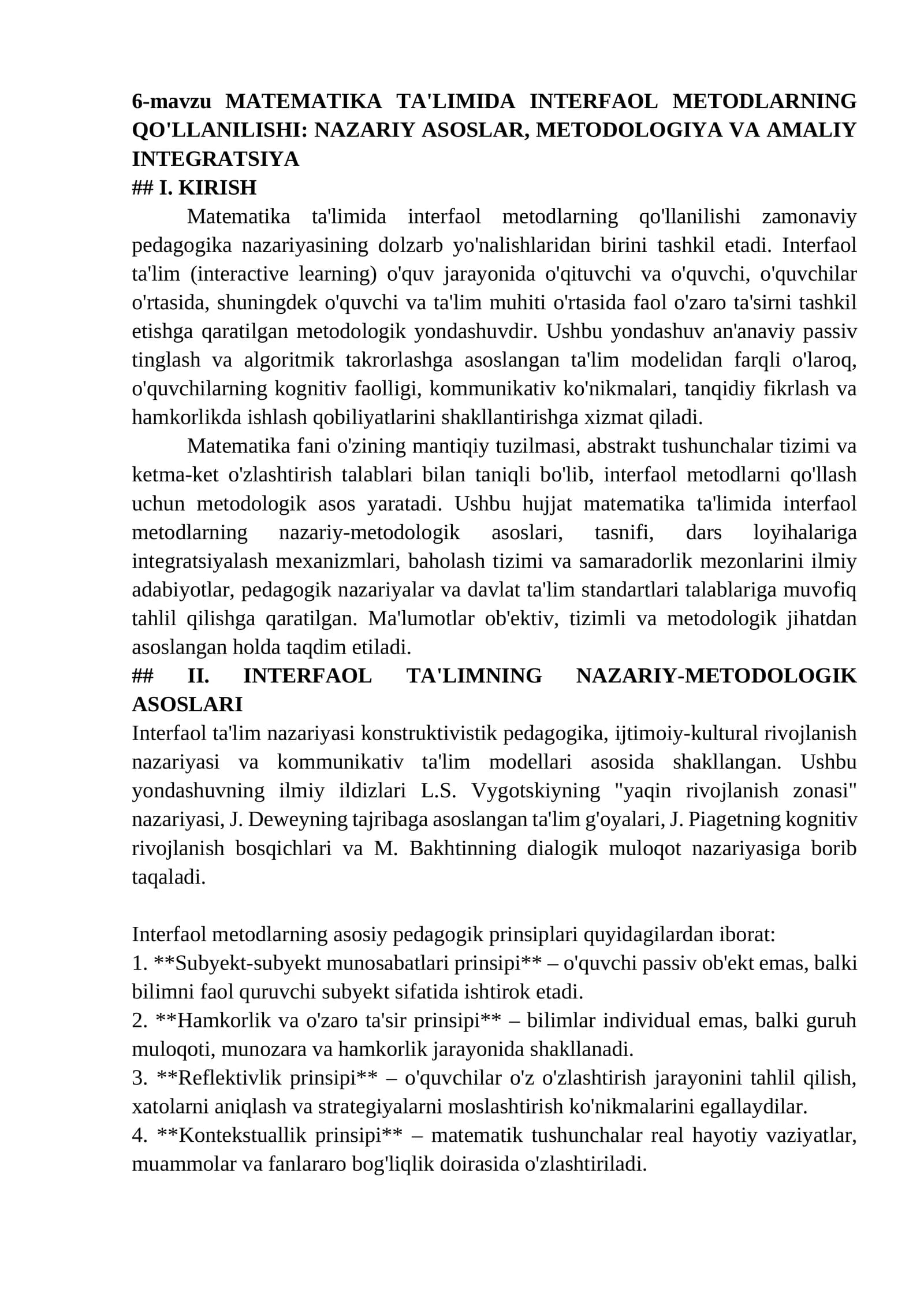 MATEMATIKA TA'LIMIDA INTERFAOL METODLARNING QO'LLANILISHI: NAZARIY ASOSLAR, METODOLOGIYA VA AMALIY INTEGRATSIYA