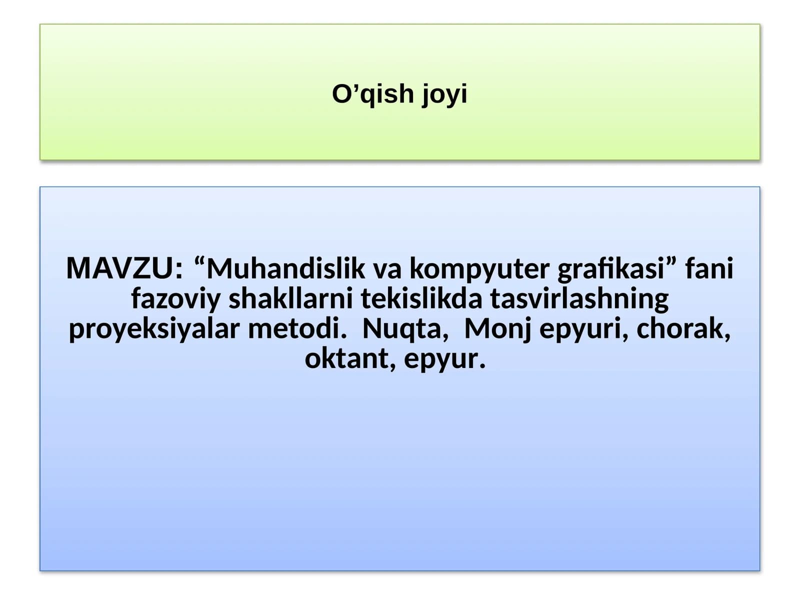 “Muhandislik va kompyuter grafikasi” fani fazoviy shakllarni tekislikda tasvirlashning proyeksiyalar metodi.  Nuqta,  Monj epyuri, chorak, oktant, epyur.