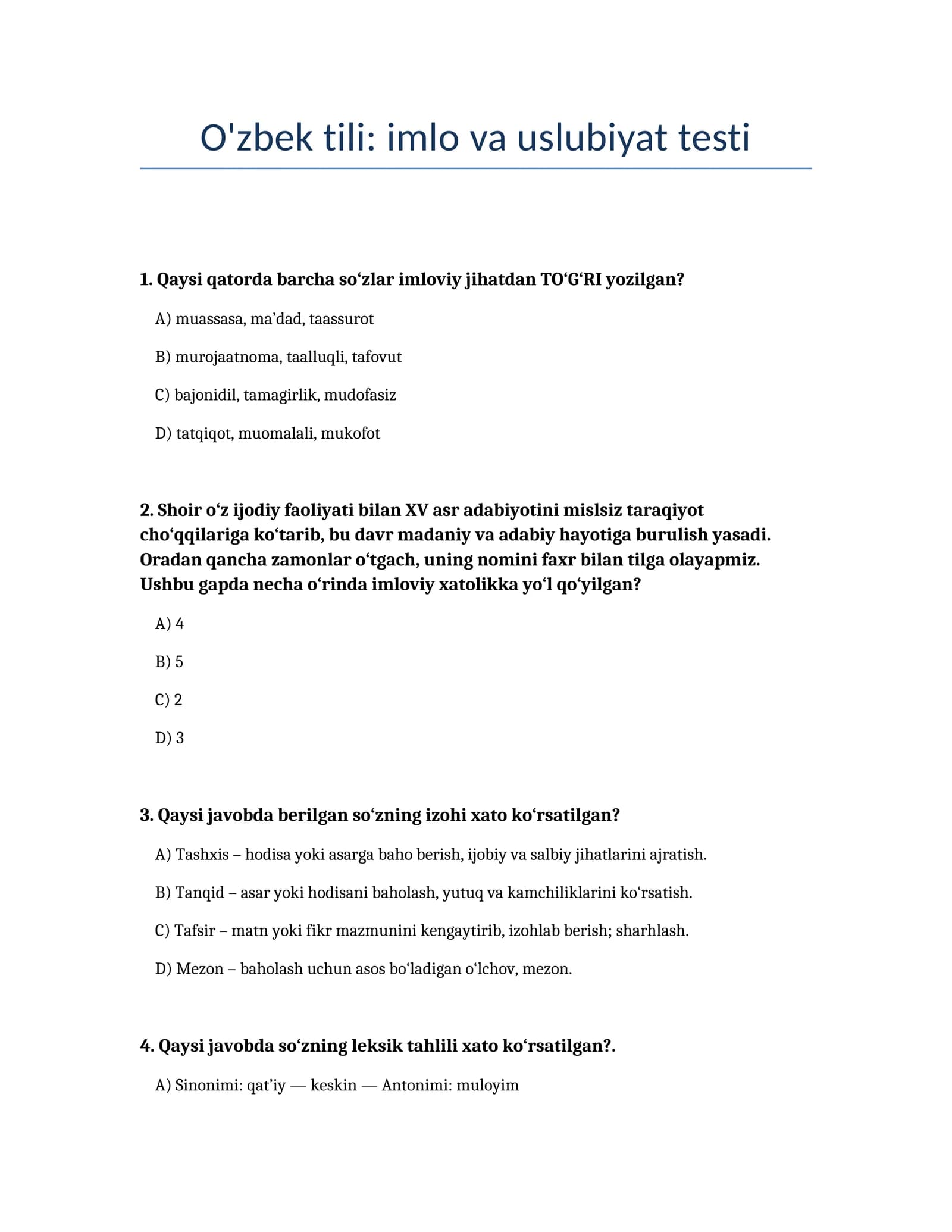 O'zbek tili: imlo va uslubiyat testi