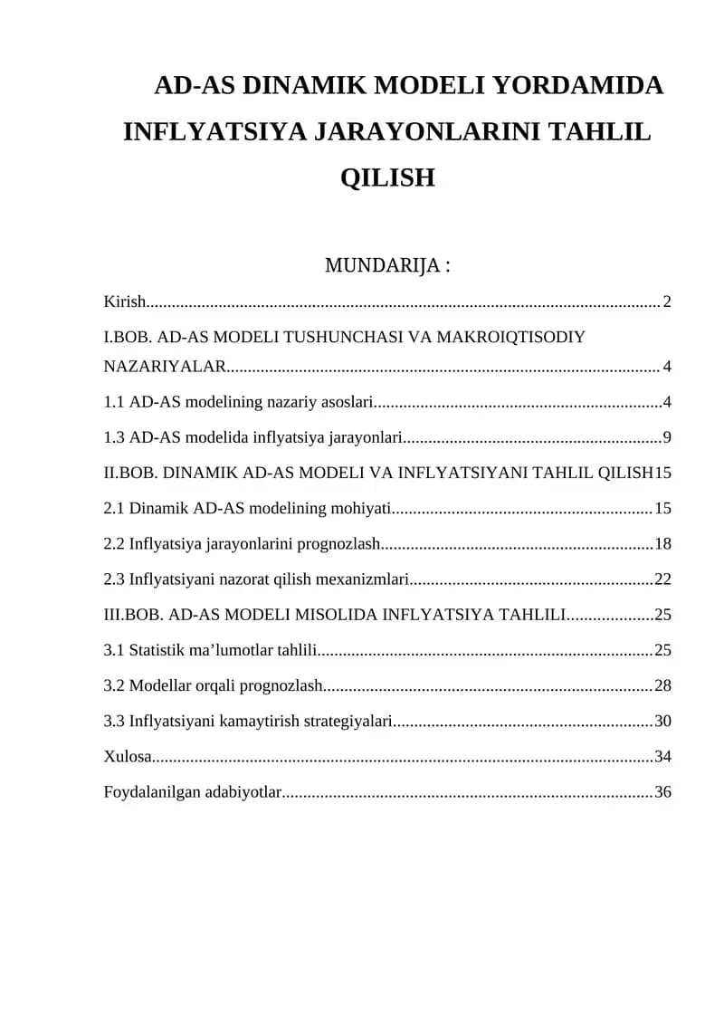 AD-AS DINAMIK MODELI YORDAMIDA INFLYATSIYA JARAYONLARINI TAHLIL QILISH