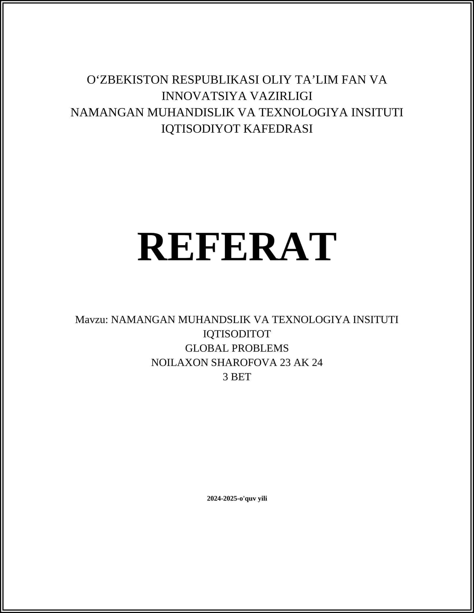 NAMANGAN MUHANDSLIK VA TEXNOLOGIYA INSITUTI IQTISODITOT