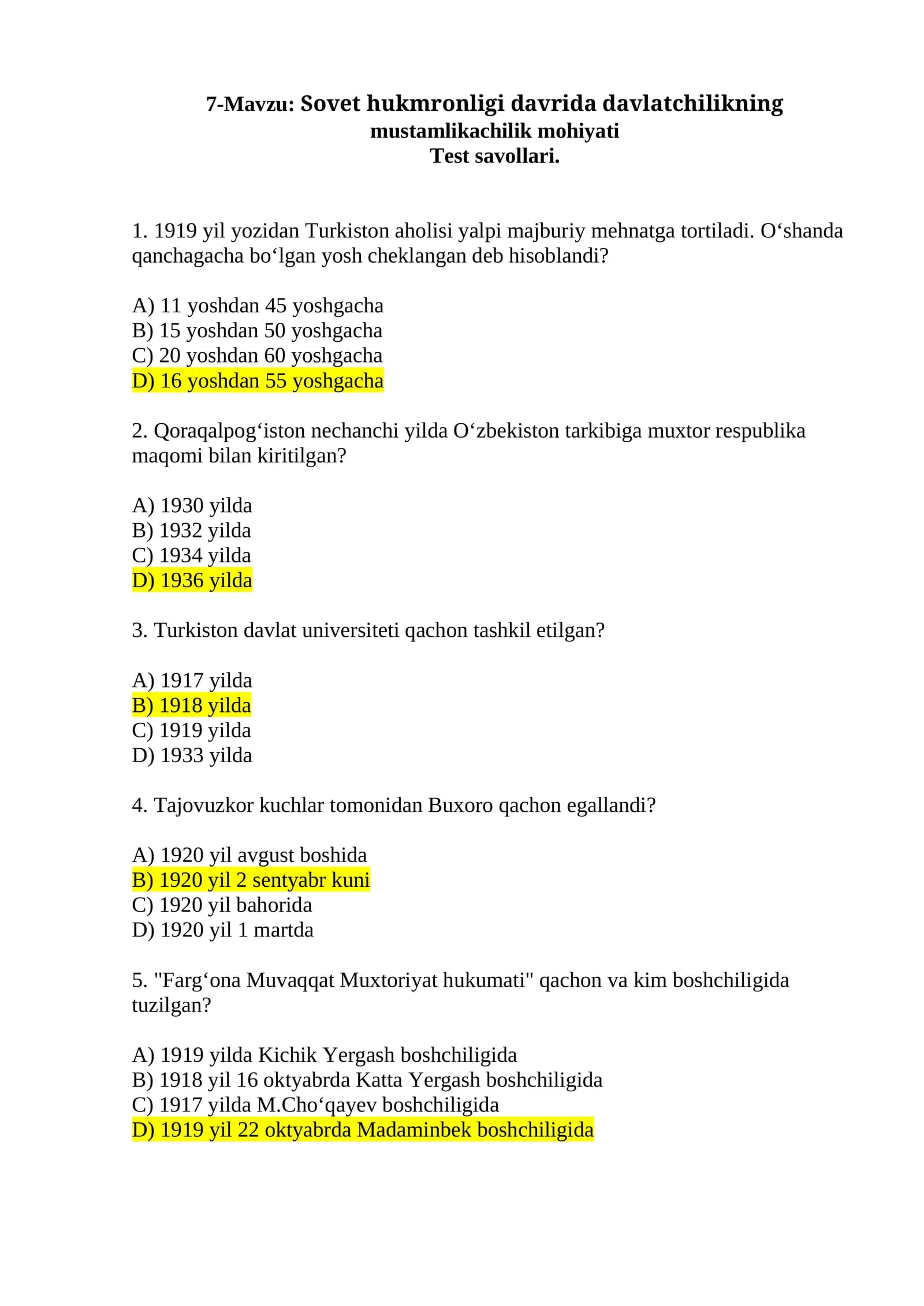 7-Mavzu: Sovet hukmronligi davrida davlatchilikning mustamlikachilik mohiyati