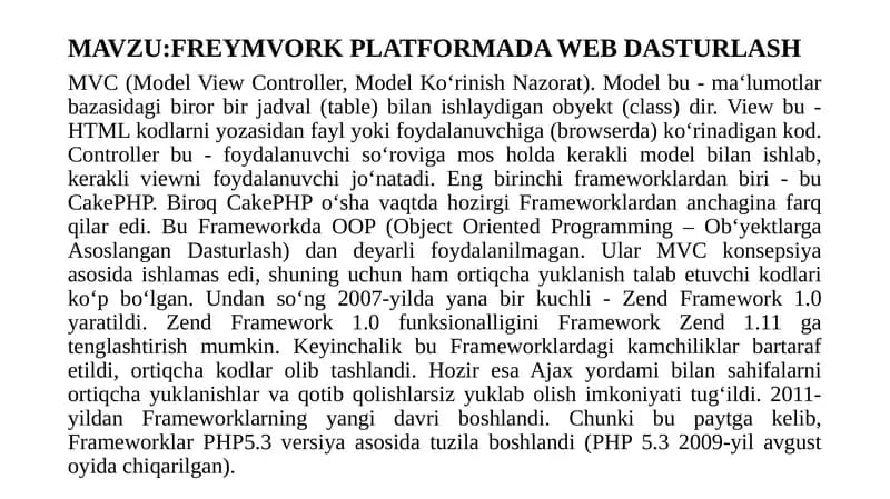 FREYMVORK PLATFORMADA WEB DASTURLASH