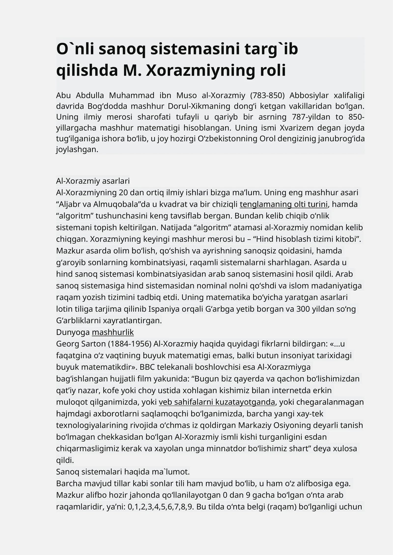 O`nli sanoq sistemasini targ`ib qilishda M. Xorazmiyning roli