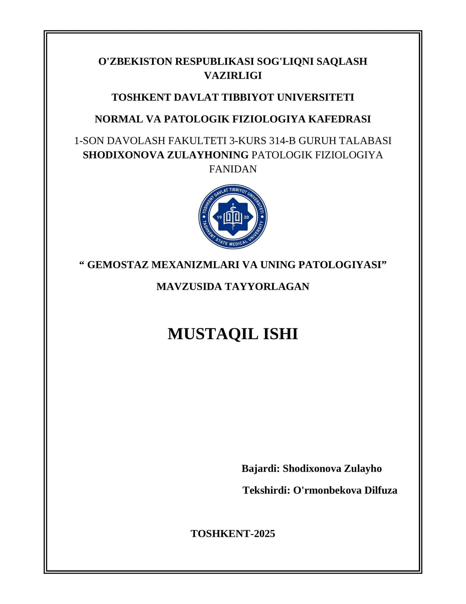 GEMOSTAZ MEXANIZMLARI VA UNING PATOLOGIYASI