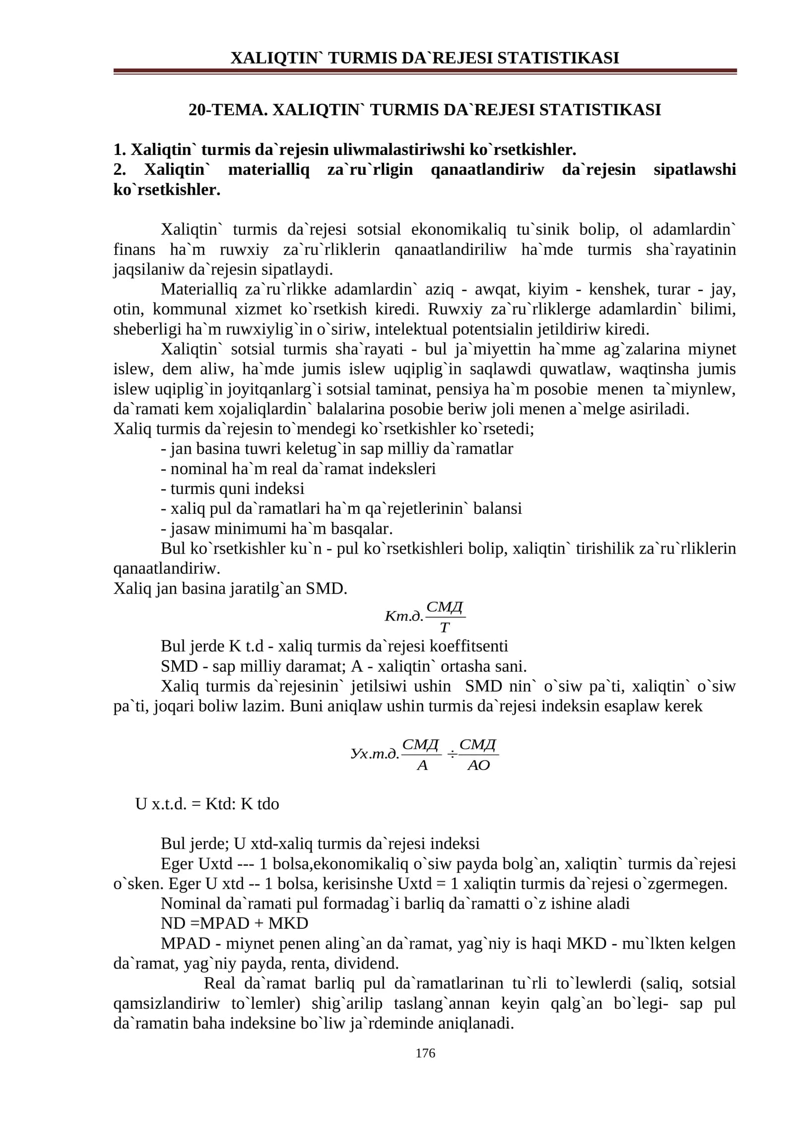 XALIQTIN` TURMIS DA`REJESI STATISTIKASI