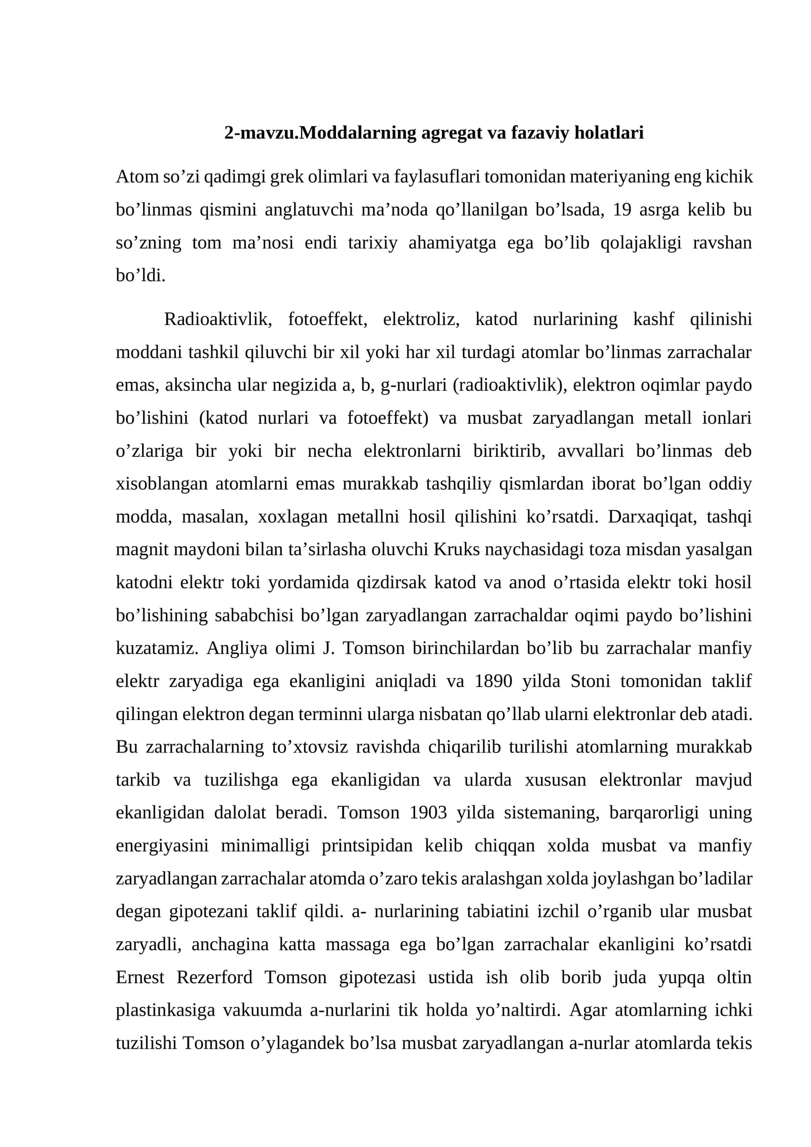 2-mavzu.Moddalarning agregat va fazaviy holatlari