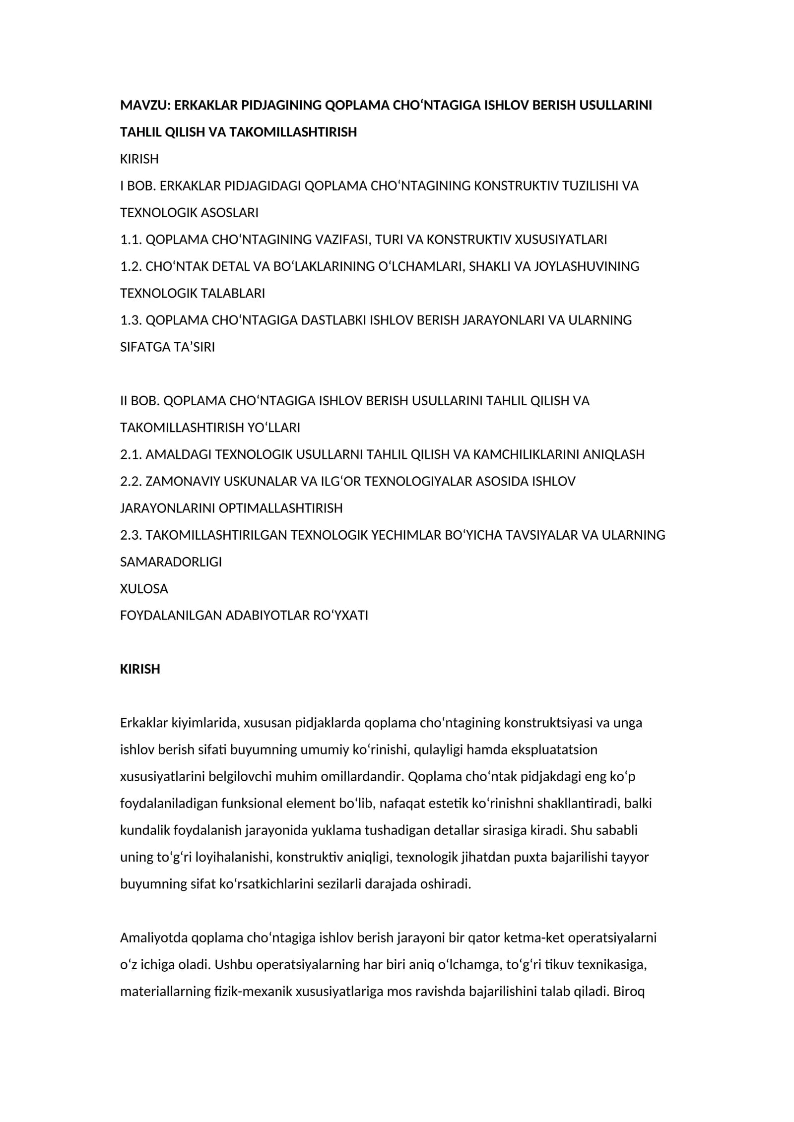 ERKAKLAR PIDJAGINING QOPLAMA CHO‘NTAGIGA ISHLOV BERISH USULLARINI TAHLIL QILISH VA TAKOMILLASHTIRISH