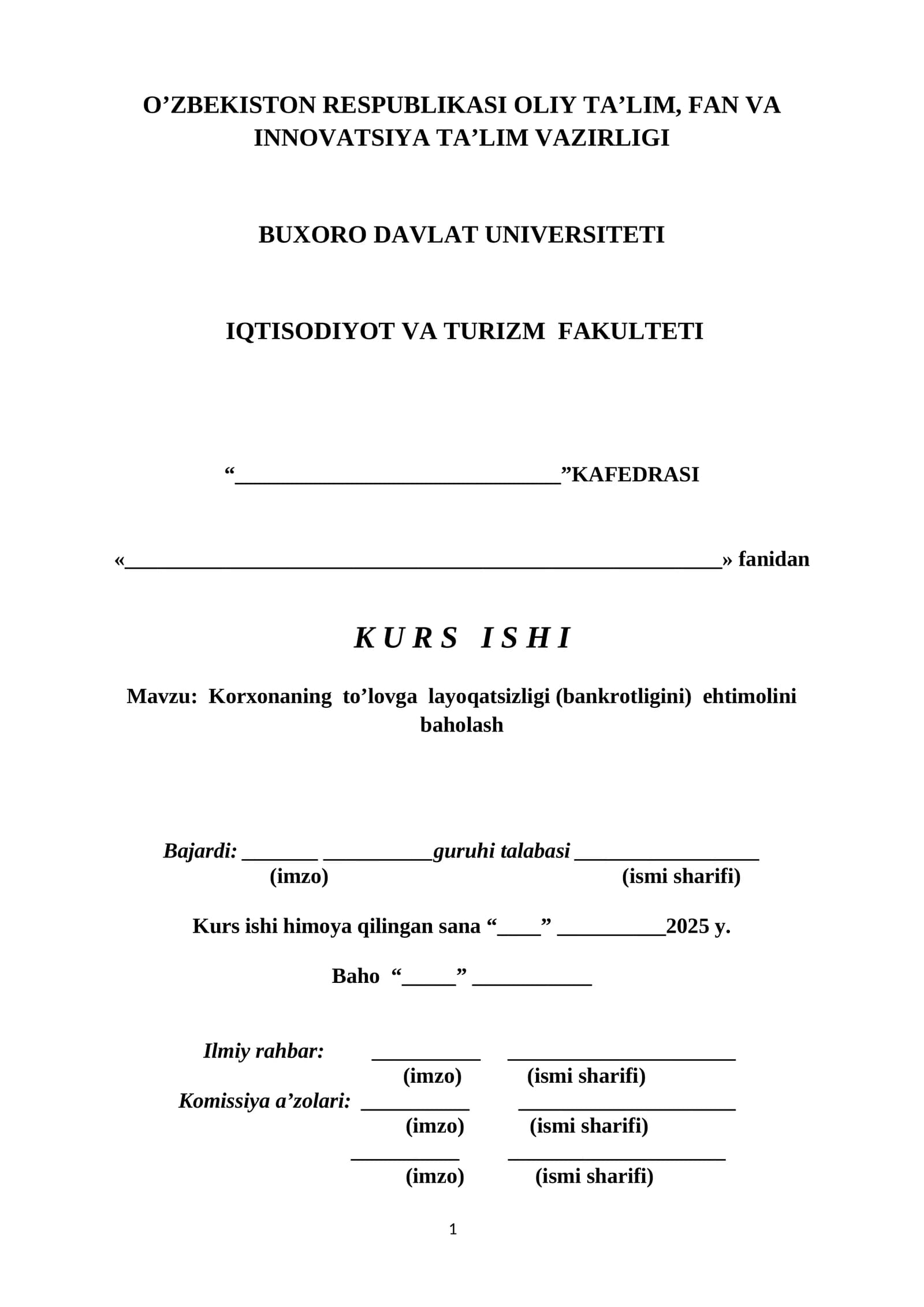 Korxonaning to’lovga layoqatsizligi (bankrotligini) ehtimolini baholash