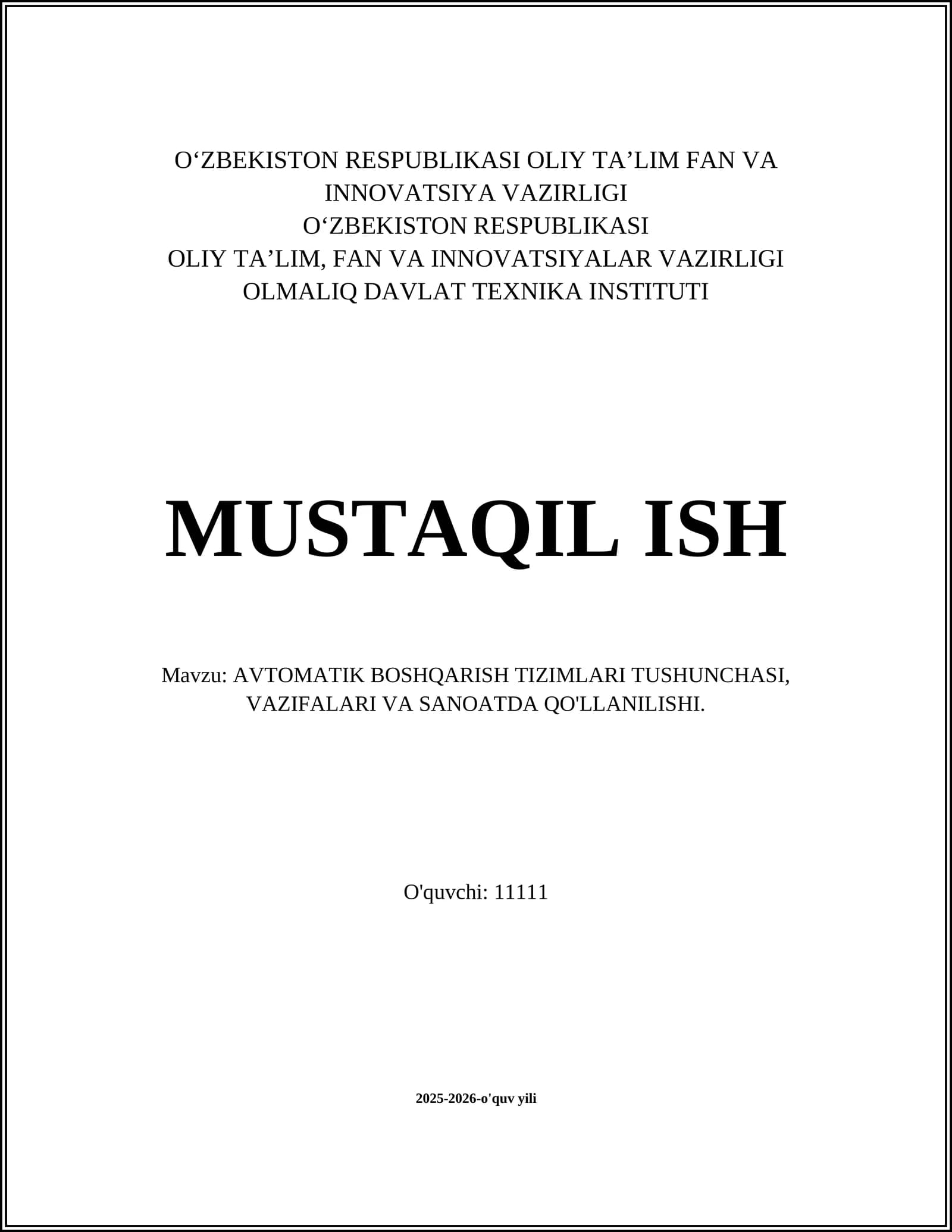 AVTOMATIK BOSHQARISH TIZIMLARI