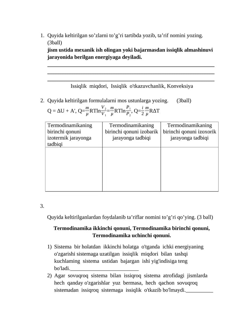 Quyidagi formulalarni yozing