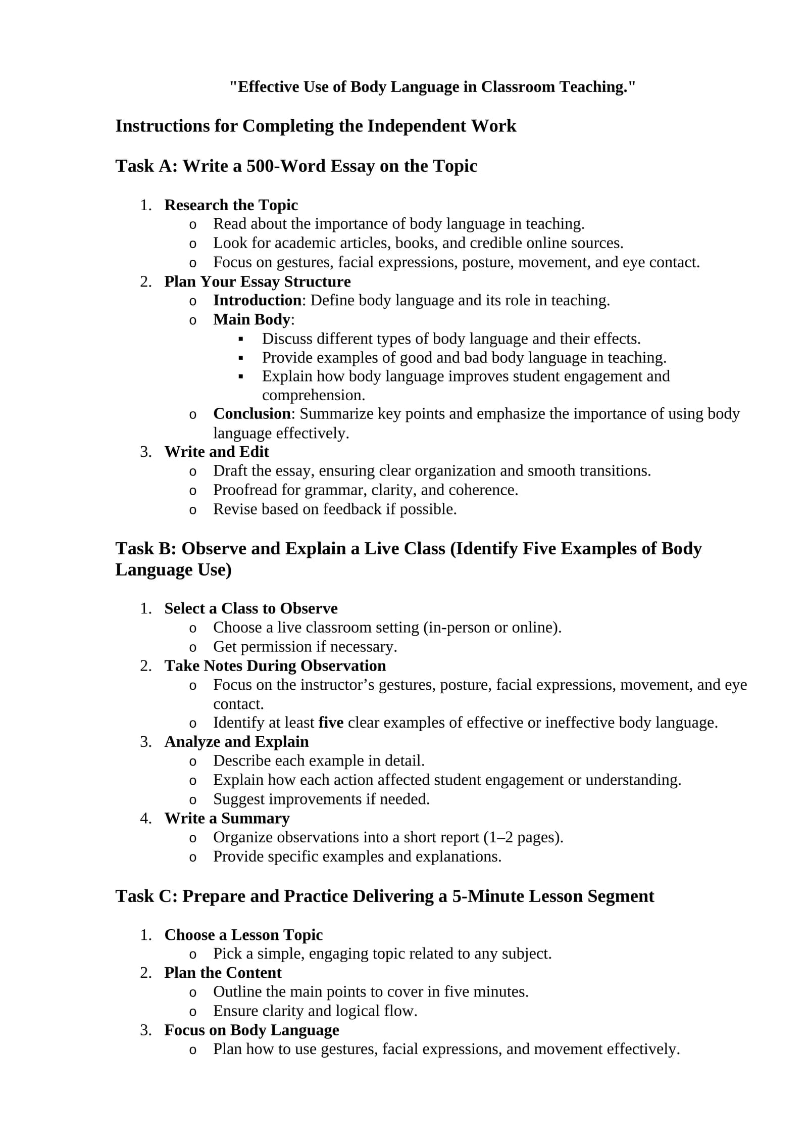 Instructions for Completing the Independent Work