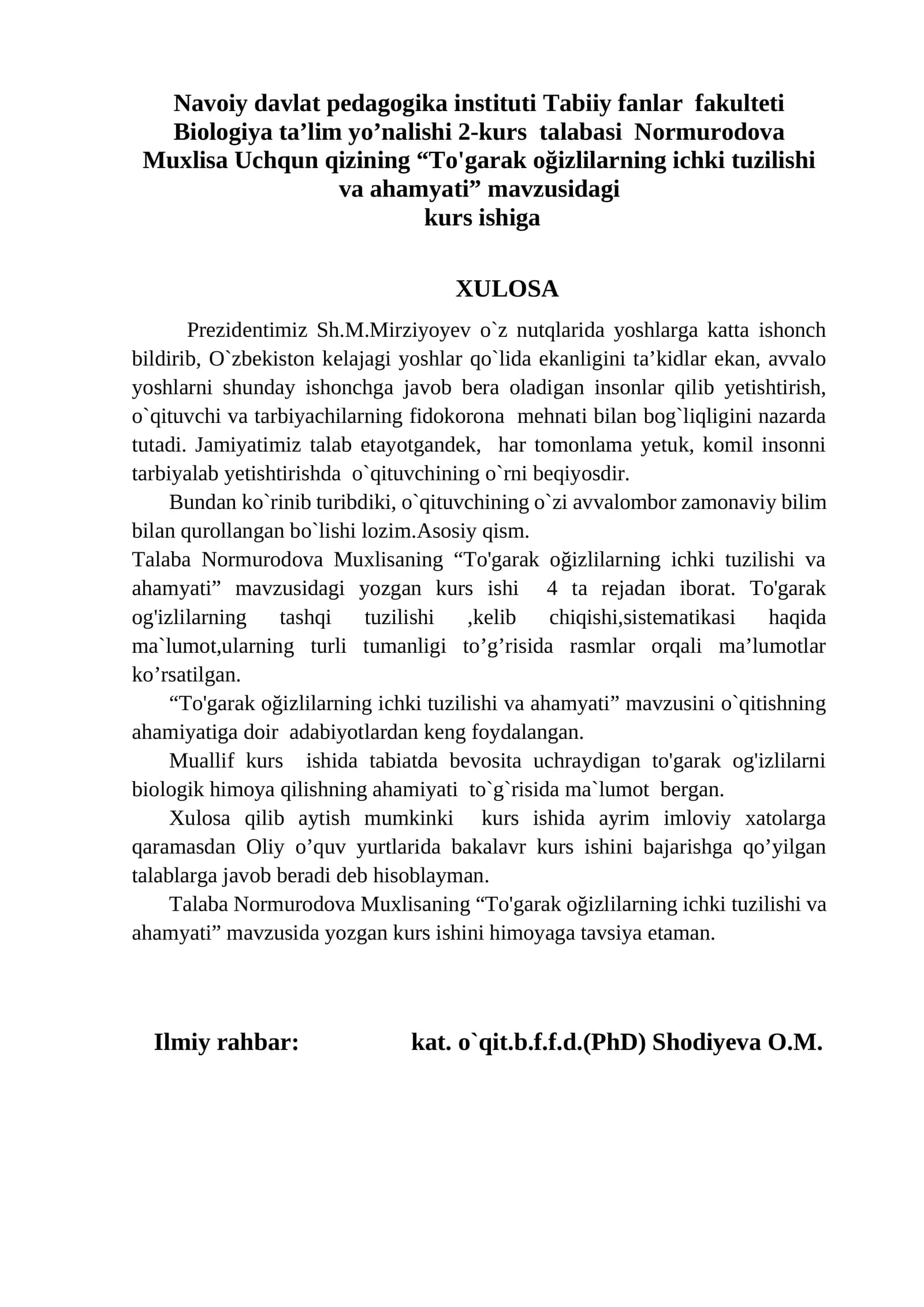To'garak oğizlilarning ichki tuzilishi va ahamyati