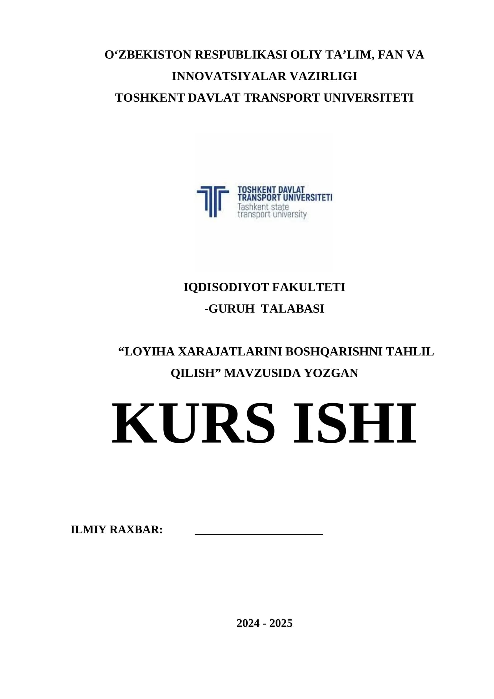 LOYIHA XARAJATLARINI BOSHQARISHNI TAHLIL QILISH
