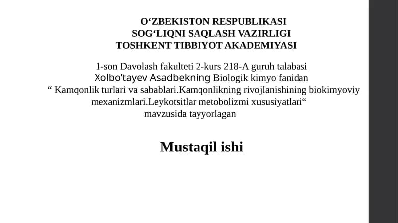 Kamqonlikning rivojlanishining biokimyoviy mexanizmlari
