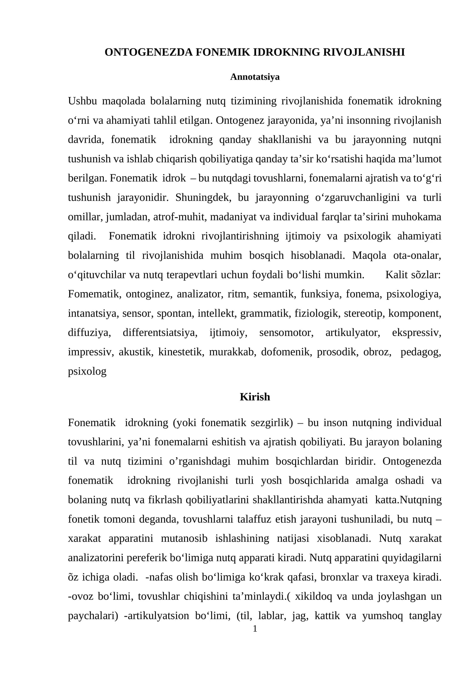 ONTOGENEZDA FONEMIK IDROKNING RIVOJLANISHI