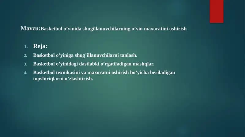Basketbol o’yinida shugillanuvchilarning o’yin maxoratini oshirish