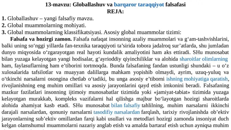 Globallashuv va barqaror ta'rqqiyot falsafasi