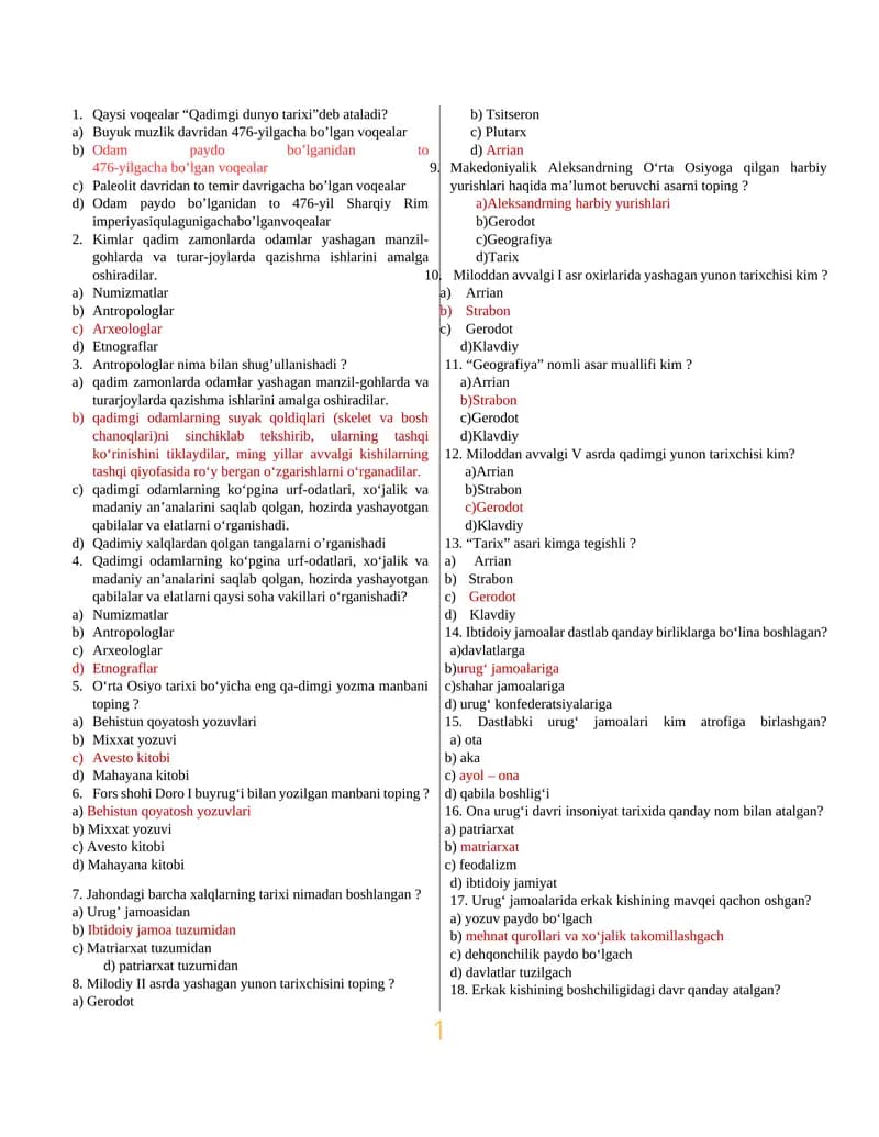 6-SINF TARIX MAVZULASHTIRILGAN TESTLAR 1-5-MAVZULAR