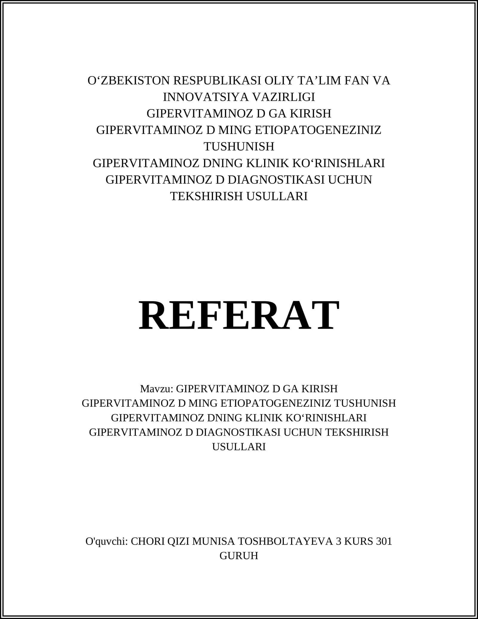 Giperitaminoz D GA KIRISH REFERAT