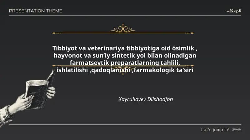 Tibbiyot va veterinariya tibbiyotiga oid ósimlik, hayvonot va sun’iy sintetik yol bilan olinadigan farmatsevtik preparatlarning tahlili, ishlatilishi,qadoqlanishi,farmakologik ta'siri